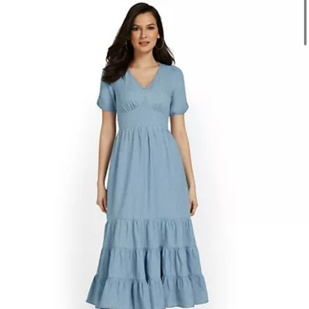New York & Company Blue Ruffled Tiered Maxi Dress